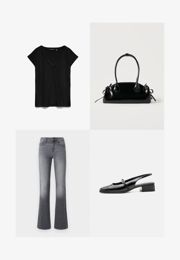 Zwarte t-shirt met korte mouwen en een V-halsontwerp, gemaakt van zacht stof, met een ontspannen pasvorm en een gladde, licht matte textuur.; High-waisted flared jeans in donkergrijze denim, met voorzakken, een knoopsluiting en subtiele vervaging naar de zoom toe.; Zwarte lakleren slingback schoen met een lage blokhak en een dunne band met zilveren gesp bovenop.; Kleine zwarte glanzende handtas met twee lange hengsels en zijkant trekkoord details op een effen lichte achtergrond.