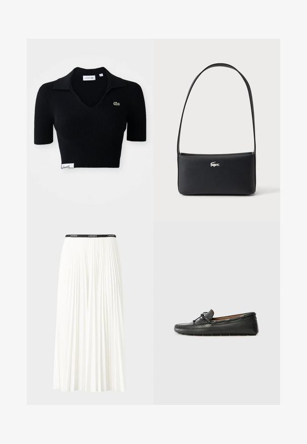 Zwarte cropped poloshirt van ribstof met een V-hals, korte mouwen en een groen geborduurd logo op de linkerborst. Witte label aan de zoom.; Plisséminirok in het wit met een zwarte elastische tailleband met het "LACOSTE"-logo. Middellange ontwerp met een zachte textuur.; Zwarte leren bootshoe met een ronde neus, gestikte details, een kleine strikaccent en een rubberen zool. Soepele textuur en gestroomlijnd ontwerp.; Zwarte rechthoekige schoudertas met lange band en klein zilverkleurig krokodillenlogo aan de voorkant in het midden.