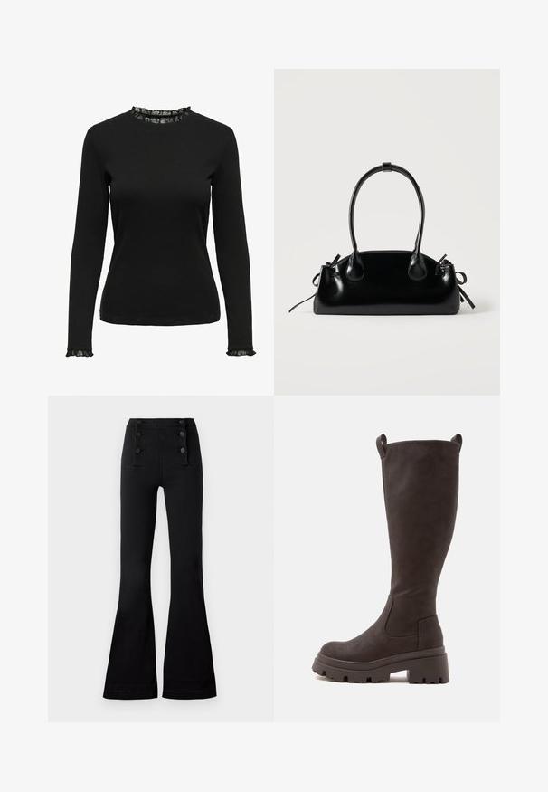 Top negro de manga larga fabricado en tejido acanalado, con un detalle de encaje con volantes en el escote y los puños. Diseño de cuello redondo simple.; Pantalones acampanados negros de mezclilla con una cintura alta, que presentan cuatro botones decorativos en la parte delantera y una textura suave.; Bota alta marrón oscuro hasta la rodilla con suela gruesa y tiradores en la parte superior, diseñada para un ajuste resistente y elegante.; Pequeño bolso negro brillante con dos asas largas y detalles de cordón lateral sobre un fondo claro liso.