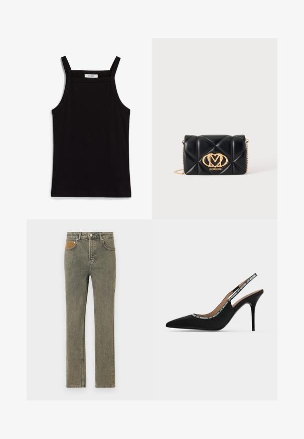 Schwarzes Tanktop mit dünnen Spaghetti-Trägern, aus geripptem Stoff, mit geradem Schnitt und einem Etikett am Hals, auf dem "IVY OAK" steht.; Grüne Denim-Jeans mit geradem Bein, die eine braune Korduroytasche als Akzent und zarte Verwaschungen im Stoff aufweisen.; Schwarzer spitzer Slingback-Pumps mit dünnem Stiletto-Absatz und "LOVE MOSCHINO" Text auf dem Riemen und Rand.; Schwarze, gesteppte Lederhandtasche mit goldener Kettenriemen und goldenem Love Moschino Logo vorne in der Mitte.