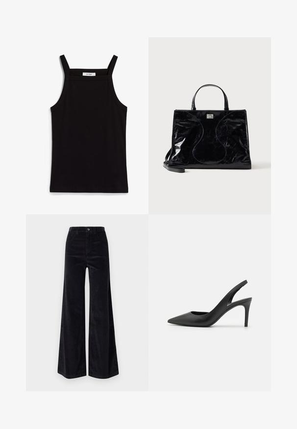 Débardeur noir à fines bretelles, en tissu côtelé, avec une coupe droite et une étiquette au niveau du col indiquant "IVY OAK."; Pantalons larges en velours côtelé noir avec taille haute, fermeture à bouton et poches avant. Texture lisse avec un motif en ribbing vertical.; Escarpins à talon aiguille en cuir noir, avec un design à bout pointu, présentant une découpure à l'avant et un talon fin.; Sac à main en cuir noir brillant avec poignées courtes, bandoulière amovible et détails de couture discrètement courbés à l’avant.