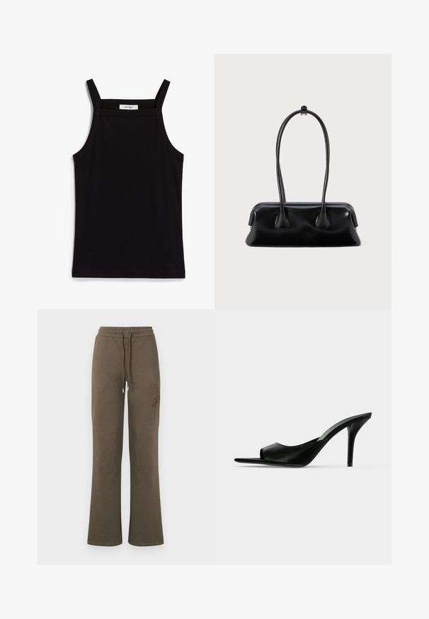 Débardeur noir à fines bretelles, en tissu côtelé, avec une coupe droite et une étiquette au niveau du col indiquant "IVY OAK."; Pantalon de survêtement marron à jambes larges avec taille élastique, cordon de serrage ajustable et détail brodé subtil sur la partie supérieure de la cuisse gauche.; Mule à talon haut en cuir noir à bout ouvert avec un talon stiletto fin, vue de profil sur un fond uni.; Sac à main en cuir noir avec deux poignées allongées, une texture lisse et une base arrondie, ornée d'accents décoratifs sur les côtés.