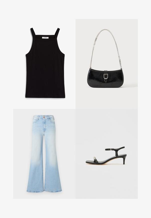 Schwarzes Tanktop mit dünnen Spaghetti-Trägern, aus geripptem Stoff, mit geradem Schnitt und einem Etikett am Hals, auf dem "IVY OAK" steht.; Hellblaue, hoch taillierte Jeans aus Denim mit weitem Schlag, vorderer Knopfverschluss sowie Front- und Gesäßtaschen.; Schwarze Leder-Sandale mit Absatz und Knöchelriemen, offenem Zehenbereich, quadratischer Vorderseite und silbernen Metallakzenten. Eng anliegendes Design mit schlanker Silhouette.; Schwarze Schultertasche aus Lackleder mit silberner Schnalle und silbernem Kettenriemen, auf hellem einfarbigen Hintergrund präsentiert.