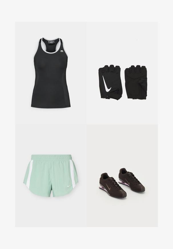 Débardeur de sport noir avec des accents blancs, design dos nageur, texture lisse, forme cintrée et un petit logo blanc sur la poitrine.; Short de sport vert clair avec des bandes blanches sur les côtés et une taille élastique, avec un petit logo blanc Nike sur le devant.; Baskets de sport noires avec une tige texturée, des accents marron et une semelle à coussin d'air violette. Design à lacets avec une marque bien visible.; Gants de gym sans doigts noirs en tissu respirant, avec un logo blanc Nike, des paumes rembourrées et un design ouvert au niveau du poignet pour plus de flexibilité.