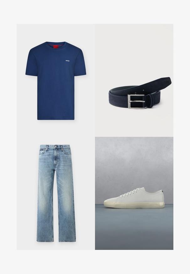 T-shirt bleu marine à manches courtes avec col rond, petit logo blanc "HUGO" sur la poitrine gauche et étiquette intérieure rouge au col.; Jean droit en denim bleu clair avec taille haute, cinq poches, fermeture à boutons et léger délavage sur les cuisses et les genoux.; Baskets en cuir blanc avec lacets flottant au-dessus de carreaux en bois carrés et de petits cailloux, avec un arbre et un fond gris.; Ceinture en daim bleu foncé roulée avec une boucle rectangulaire en argent gravée de "BOSS" sur un fond clair uni.