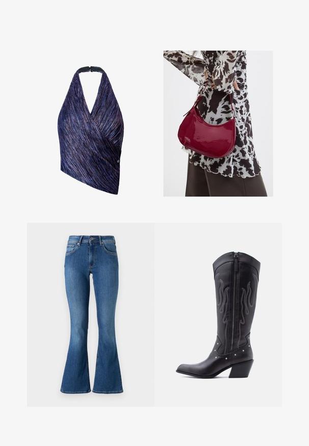 Wickeloberteil aus strukturierter Stoff mit lila und blauen Streifen. Halterneck mit einer schwarzen Verschluss, eine Seite mit einem Knopfdetail akzentuiert.; Ausgestellte blaue Denim-Jeans mit mittelhoher Taille, ausgestattet mit fünf Taschen, einem Knopfverschluss und subtilen Ausbleichungen entlang der Beine.; Schwarze Cowboy-Stiefel aus Leder mit spitzer Zehenpartie, sichtbarer Nahtführung, silbernen Nietenakzenten und Reißverschluss auf der Innenseite.; Frau trägt eine schwarz-weiß gemusterte Bluse und hält eine glänzende rote Schultertasche vor einem einfarbigen Hintergrund.