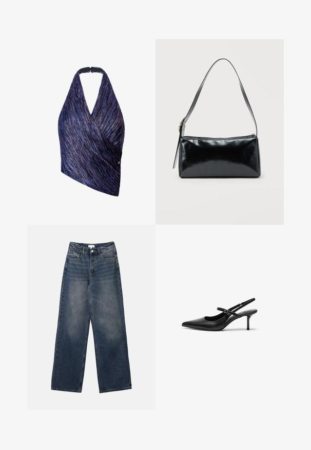 Top en style wrap en tissu texturé avec des rayures violettes et bleues. Décolleté halter avec une fermeture noire, un côté accentué par un détail de bouton.; Jeans en denim bleu taille haute pour hommes, avec jambes larges, bouton et fermeture éclair à l'avant, ainsi que poches avant et arrière.; Talons aiguilles noires en cuir avec un bout pointu, une fine bride réglable, et un talon aiguille d'environ 5 cm, texture lisse.; Sac d'épaule rectangulaire noir avec une sangle réglable unique et une fermeture éclair supérieure sur un fond uni.