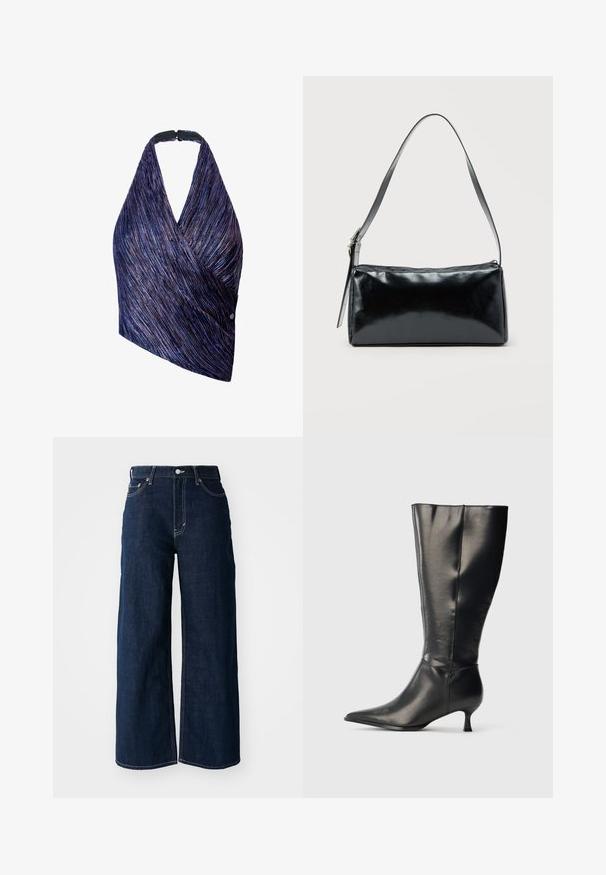 Wickeloberteil aus strukturierter Stoff mit lila und blauen Streifen. Halterneck mit einer schwarzen Verschluss, eine Seite mit einem Knopfdetail akzentuiert.; Weit geschnittene, dunkelblaue Jeans mit kontrastierenden Nähten, fünf Taschen und einem Knopfverschluss an der Taille.; Schwarzer kniehoher Lederstiefel mit spitzer Zehenpartie und niedrigem Kittenabsatz, präsentiert vor einem schlichten hellen Hintergrund.; Schwarze rechteckige Schultertasche mit einem verstellbaren Riemen und einem oberen Reißverschluss vor einfachem Hintergrund.