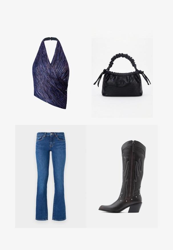 Top de estilo envolvente en tejido texturizado con rayas moradas y azules. Cuello halter con un cierre negro, un lado acentuado con un detalle de botón.; Jeans de mezclilla acampanados en azul medio con una textura sutil. Presenta cinco bolsillos, una cremallera frontal y costuras en contraste a lo largo de las costuras.; Botas de cowboy de cuero marrón con costuras en forma de llama, cremallera lateral, tachuelas plateadas, punta puntiaguda y tacón apilado.; Bolso negro con textura de cocodrilo, borde superior fruncido, asa recogida y cordones con borlas en cada lado sobre un fondo blanco.