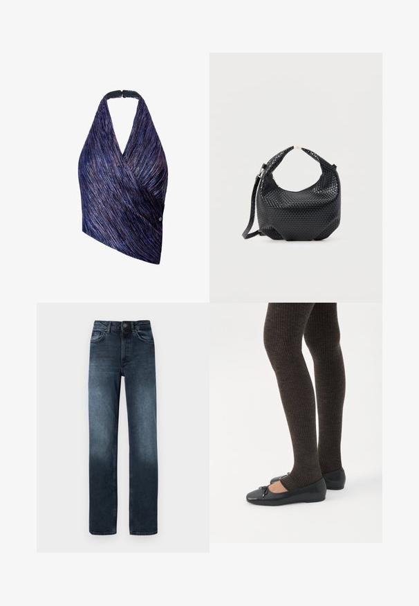 Top de estilo envolvente en tejido texturizado con rayas moradas y azules. Cuello halter con un cierre negro, un lado acentuado con un detalle de botón.; Jeans de mezclilla azul oscuro con corte recto, cinco bolsillos y cierre frontal de botón. Presenta detalle de desgastado cerca del dobladillo.; Piernas con leggings oscuros acanalados combinados con bailarinas negras que presentan pequeños detalles de lazo sobre un fondo blanco.; Bolso de mano de cuero negro trenzado con asa corta y correa de hombro desmontable, exhibido sobre un fondo claro y liso.