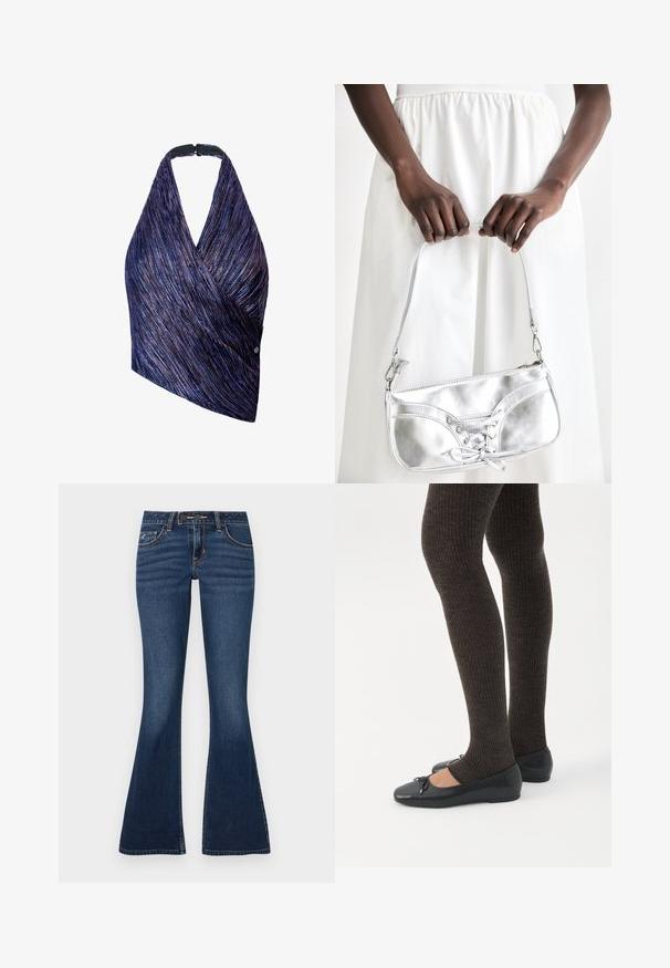 Wrap-top van textuurstof met paarse en blauwe strepen. Halterhals met een zwarte sluiting, aan één kant geaccentueerd met een knoopdetail.; Flared jeans in donkerblauwe denim, met een klassiek ontwerp van vijf zakken, contrasterende stiksels en een ritssluiting met knoop.; Benen met donkere geribbelde leggings gecombineerd met zwarte ballerina's met kleine strikdetails op een witte achtergrond.; Zilveren metalen handtas met vetersluiting, met een strak ontwerp en een korte schouderriem. De tas wordt vastgehouden in de handen, waardoor de textuur goed tot zijn recht komt.