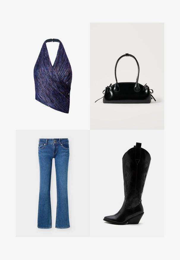 Top en style wrap en tissu texturé avec des rayures violettes et bleues. Décolleté halter avec une fermeture noire, un côté accentué par un détail de bouton.; Jean bootcut en denim bleu avec fermeture à double bouton, poches avant et arrière, et détails de couture standards.; Botte de cowboy en cuir noir avec bout pointu, talon bloc incliné, couture décorative et languettes en haut sur fond blanc.; Petit sac à main noir brillant avec deux longues anses et des détails à cordon sur les côtés sur un fond clair uni.