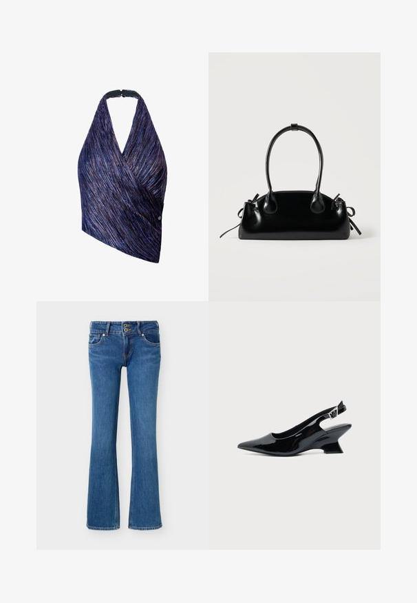 Wrap-top van textuurstof met paarse en blauwe strepen. Halterhals met een zwarte sluiting, aan één kant geaccentueerd met een knoopdetail.; Blauwe denim bootcut jeans met dubbele knoopsluiting, voor- en achterzakken en standaard stikseldetails.; Zwarte lakleren slingback schoen met spitse neus en lage schuine blokhak op een effen lichte achtergrond.; Kleine zwarte glanzende handtas met twee lange hengsels en zijkant trekkoord details op een effen lichte achtergrond.