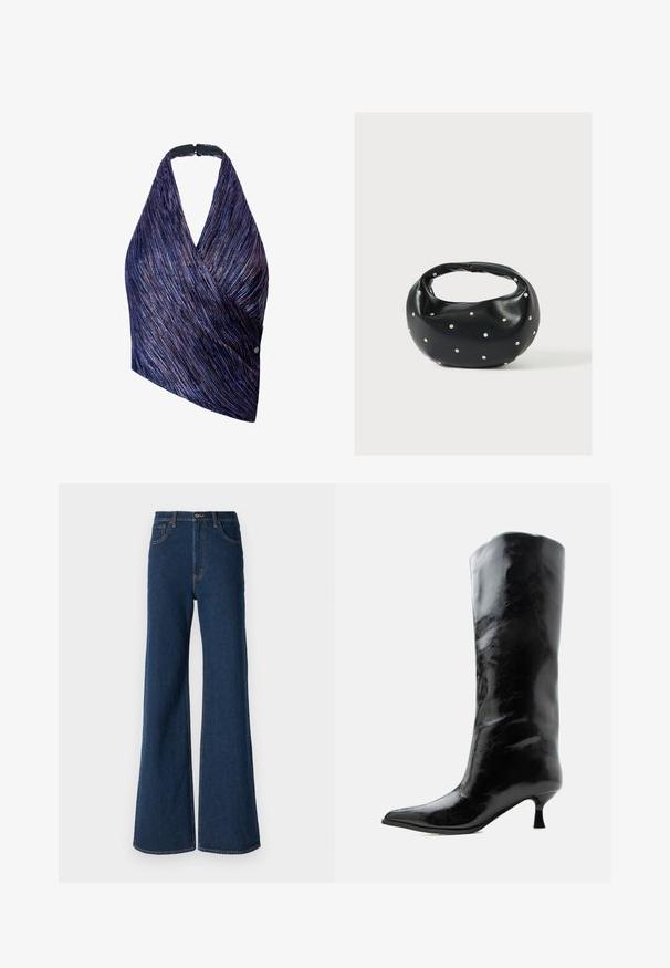 Top de estilo envolvente en tejido texturizado con rayas moradas y azules. Cuello halter con un cierre negro, un lado acentuado con un detalle de botón.; Abercrombie & Fitch Vaqueros boyfriend - rinse; Bota negra de cuero brillante hasta la rodilla con punta puntiaguda y tacón bajo curvado sobre un fondo claro y liso.; Bolso de mano de cuero negro con forma redondeada, decorado con detalles de tachuelas plateadas y un asa corta. Textura lisa y cierre con cremallera.