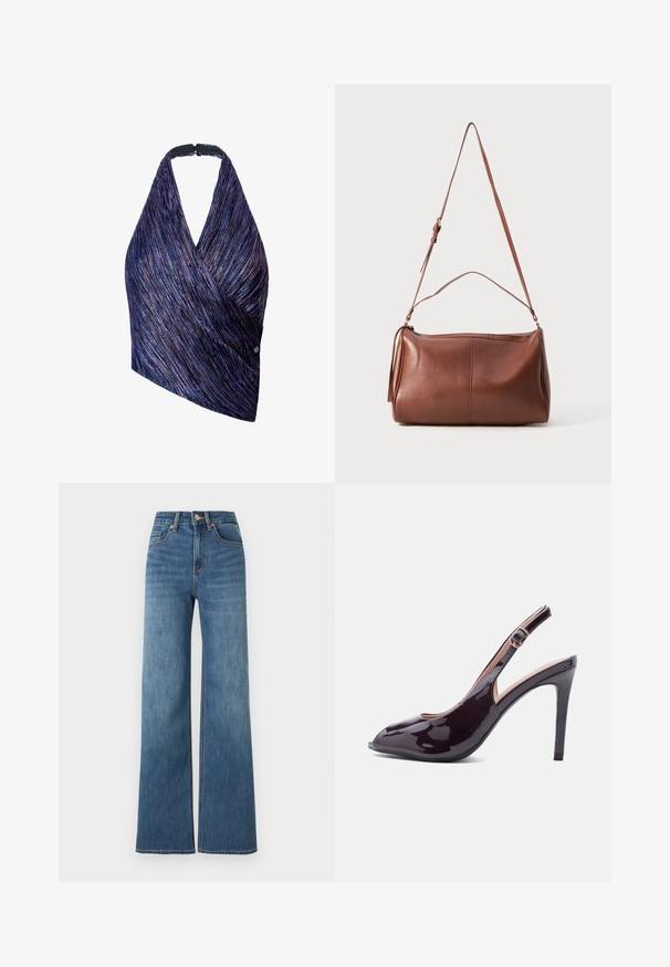 Top de estilo envolvente en tejido texturizado con rayas moradas y azules. Cuello halter con un cierre negro, un lado acentuado con un detalle de botón.; Vaqueros de tiro alto de color azul medio con piernas anchas, cierre frontal con botón y cremallera, y estilo de cinco bolsillos.; Zapato de tacón alto de charol púrpura oscuro con punta afilada y correa ajustable con hebilla.; Bolso de hombro de cuero marrón con textura suave, forma redondeada, una correa ajustable y un detalle de borla en el lateral.
