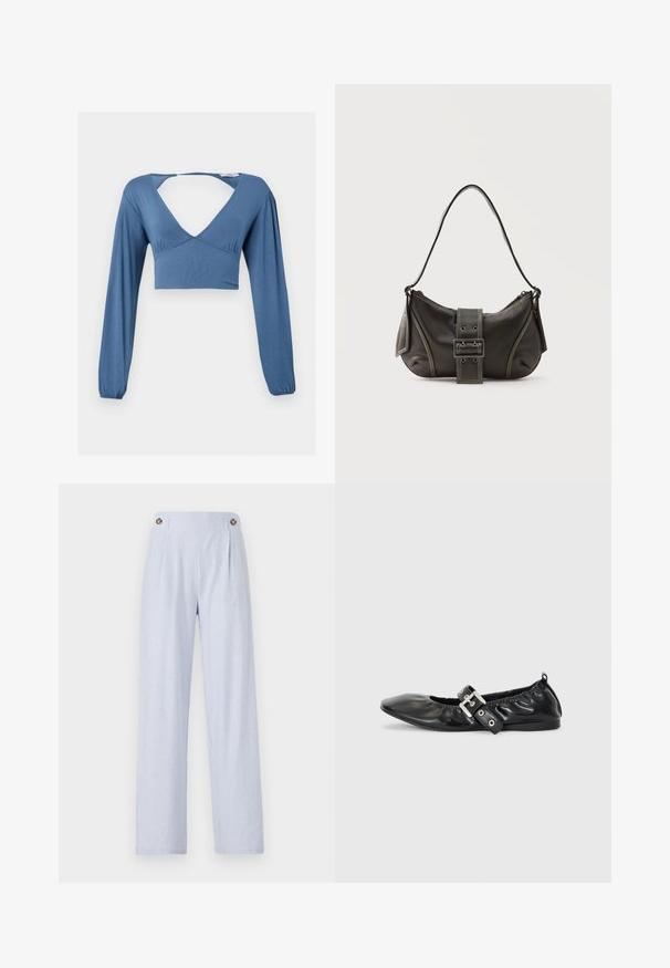 Modrá dlhá crop blúzka s hlbokým výstrihom do V, zberanými detailmi na prsia a mierne nariasenými rukávmi. Hladká, elastická tkanina.; Svetlomodré pruhované nohavice s širokými nohavicami, pričom na páse sú umiestnené dve výrazné gombíky a majú jemnú textúru látky.; Čierna kožená plochá obuv s špicatou špičkou, zberaným detailom okolo otvoru a strieborným prackovým akcentom na nastaviteľnom remienku.; Čierna kožená kabelka cez rameno s detailom prackového popruhu, zaoblenými okrajmi a kontrastným bielym prešívaním na jednoduchom pozadí.