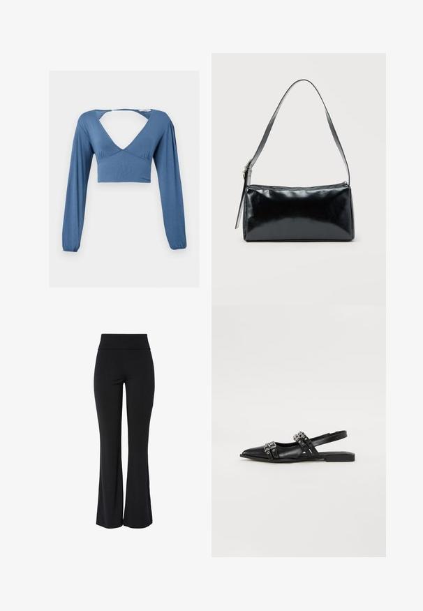 Blauwe lange mouw crop top met een diepe V-hals, geraffineerde details bij de buste en licht opbollende mouwen. Glad, rekbaar materiaal.; Zwarte high-waist stretchbroek met iets uitlopende pijp en een glad, naadloos ontwerp tegen een witte achtergrond.; Even&Odd by Zalando Slingback ballerina´s - black; Zwarte rechthoekige schoudertas met een enkele verstelbare band en een bovenste ritssluiting op een effen achtergrond.