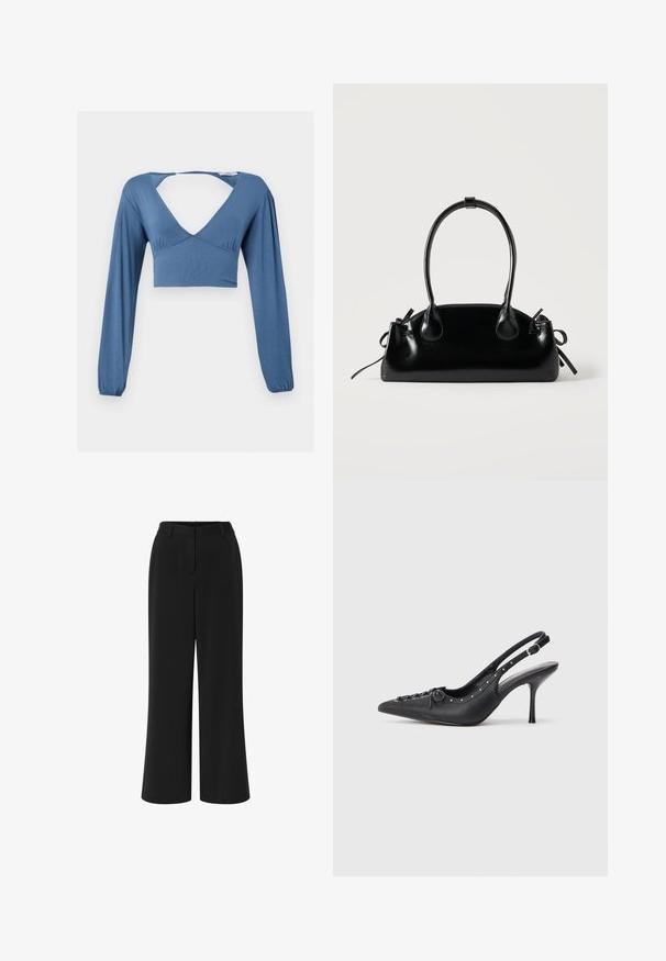 Blaues Langarm-Crop-Top mit tiefem V-Ausschnitt, gerafften Details an der Brust und leicht puffigen Ärmeln. Glatte, elastische Stoffqualität.; Schwarze Schlaghosen aus glattem Stoff. Mit flachem Frontdesign, Bündchen mit Gürtelschlaufen und zwei seitlichen Taschen.; Schwarzer Leder-Slingback-Stiletto mit spitzem Zehenaufsatz, seitlichem Schnallenriemen, Nieten entlang der Kante und dekorativer Schnürung vorne.; Kleine schwarze glänzende Handtasche mit zwei langen Griffen und seitlichen Kordelzug-Details vor einfachem hellem Hintergrund.
