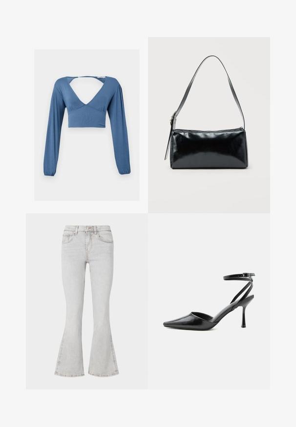 Blauwe lange mouw crop top met een diepe V-hals, geraffineerde details bij de buste en licht opbollende mouwen. Glad, rekbaar materiaal.; Lichtgrijze flared jeans met een klassiek vijfzakkenontwerp, slim fit door de dij en een uitlopende pijp bij de enkels.; Zwarte pumps met puntige neus, dunne enkelbandjes en een zilveren gesp op een effen lichte achtergrond.; Zwarte rechthoekige schoudertas met een enkele verstelbare band en een bovenste ritssluiting op een effen achtergrond.