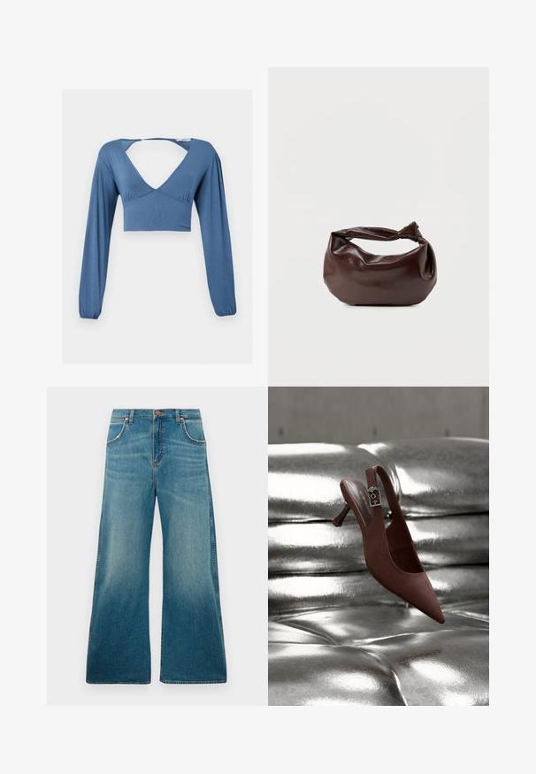 Blaues Langarm-Crop-Top mit tiefem V-Ausschnitt, gerafften Details an der Brust und leicht puffigen Ärmeln. Glatte, elastische Stoffqualität.; Hochtaillierte blaue Jeans aus Denim mit weitem Bein, frontalen Taschen, Knopfverschluss und einem verblassten Farbverlauf von der Taille bis zum Saum.; Brauner spitzer Slingback-Schuh mit niedrigem Absatz und Schnallenriemen, der auf einer glänzenden, silbermetallischen, gesteppten Oberfläche ruht.; Dunkelbraune Lederschultertasche mit weicher, lockerer Form und einem gedrehten Knotengriff vor schlichtem weißem Hintergrund.