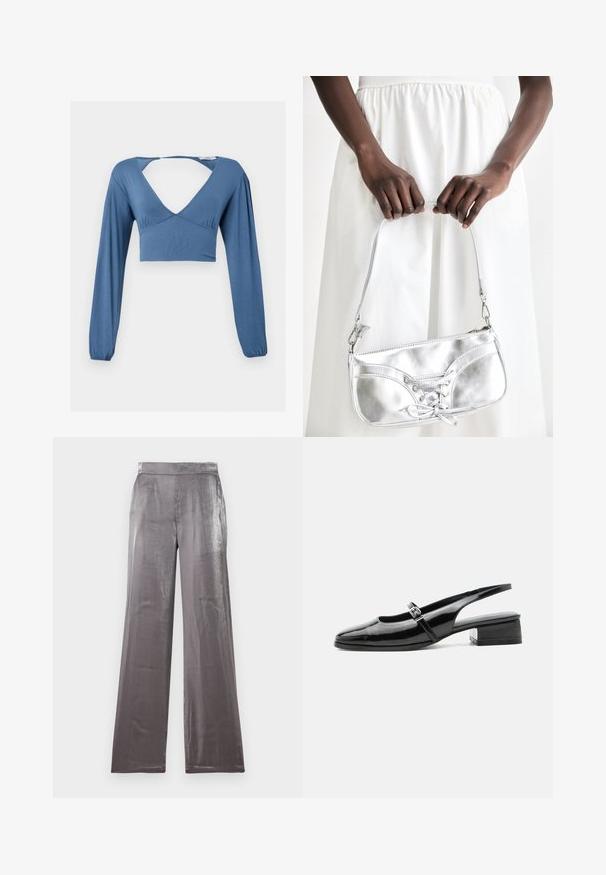 Blauwe lange mouw crop top met een diepe V-hals, geraffineerde details bij de buste en licht opbollende mouwen. Glad, rekbaar materiaal.; Wijde broek in een glanzende, zilveren stof. Heeft een gladde textuur met een platte tailleband en zonder zichtbare zakken.; Zwarte lakleren slingback schoen met een lage blokhak en een dunne band met zilveren gesp bovenop.; Zilveren metalen handtas met vetersluiting, met een strak ontwerp en een korte schouderriem. De tas wordt vastgehouden in de handen, waardoor de textuur goed tot zijn recht komt.