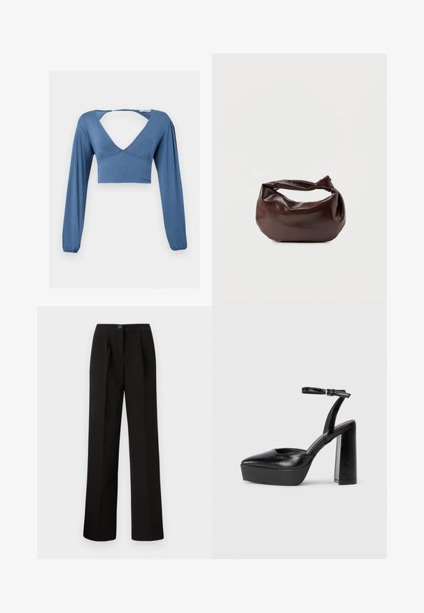 Blauwe lange mouw crop top met een diepe V-hals, geraffineerde details bij de buste en licht opbollende mouwen. Glad, rekbaar materiaal.; Zwarte broek met een recht gesneden ontwerp, voorzien van voorplooien, een knoopsluiting en een gladde, gestructureerde stof.; Zwarte plateauhakken met een puntige neus en verstelbare enkelband. Gemaakt van soepel leer, met een robuuste blokhak.; Donkerbruine leren schoudertas met een zachte, slungelige vorm en een gedraaide knoopvormige handgreep op een effen witte achtergrond.