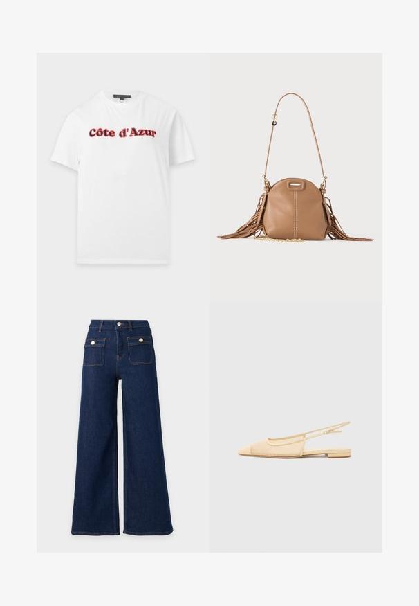 T-shirt blanc à manches courtes avec le texte « Côte d'Azur » en police grasse rouge et noire sur la poitrine, présenté sur un fond uni.; Jeans en denim bleu foncé à jambes larges, taille haute et deux poches avant à rabat avec boutons.; Chaussure plate slingback en beige clair avec une tige en maille, un bout pointu et un petit talon. Dotée d'une sangle ajustable pour un bon maintien.; Petit sac à bandoulière en cuir fauve avec longue bandoulière, détail chaîne dorée et franges des deux côtés sur un fond neutre.