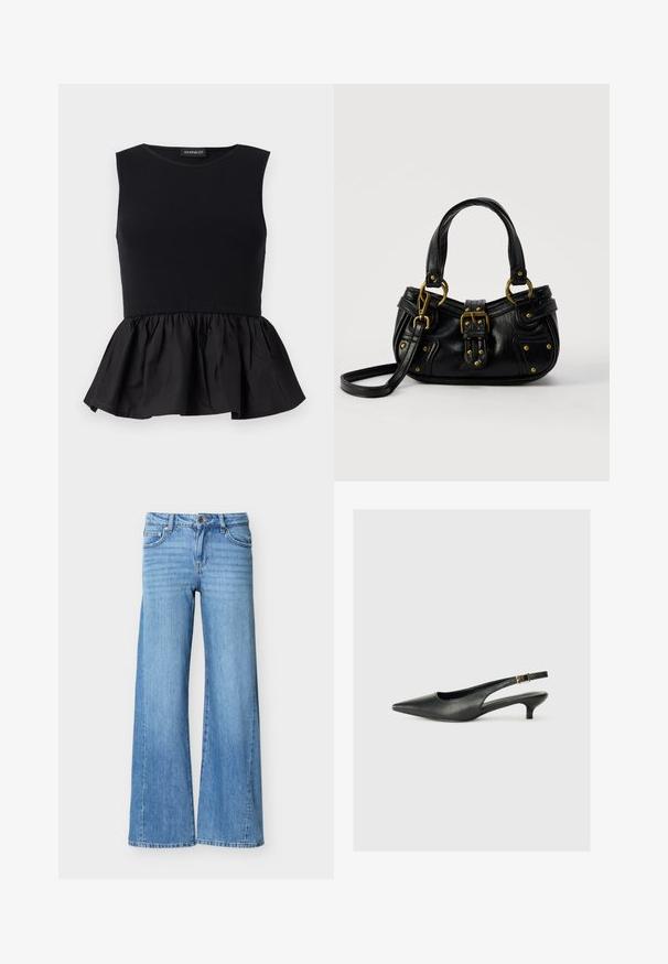 Top negro sin mangas con sección superior acanalada y un fondo de peplum acampanado y recogido. Textura suave con un color sólido en toda su extensión.; Vaqueros de mezclilla azul claro con cintura alta, cierre de botón y cremallera, bolsillos delanteros y piernas anchas.; Zapato de tacón slingback negro de punta afilada, hecho de cuero suave. Presenta un tacón delgado y un detalle de hebilla en la correa ajustable.; Bolso de cuero negro con hebilla y detalles de remaches dorados, asas cortas y una correa de hombro ajustable sobre un fondo blanco liso.