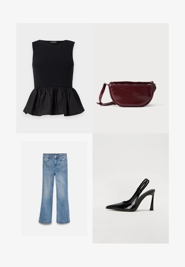 Top negro sin mangas con sección superior acanalada y un fondo de peplum acampanado y recogido. Textura suave con un color sólido en toda su extensión.; Vaqueros de mezclilla azul claro con cintura alta, cierre de doble botón, bolsillos delanteros y traseros, y piernas ligeramente acampanadas.; Zapato de tacón con tirante en negro de charol, punta afilada, tacón alto y delgado, y doble tira elástica para un ajuste seguro. Superficie suave y brillante.; Bolso de mano de cuero granate con forma de media luna, cierre de cremallera y una correa desmontable. Textura suave con un brillo sutil.