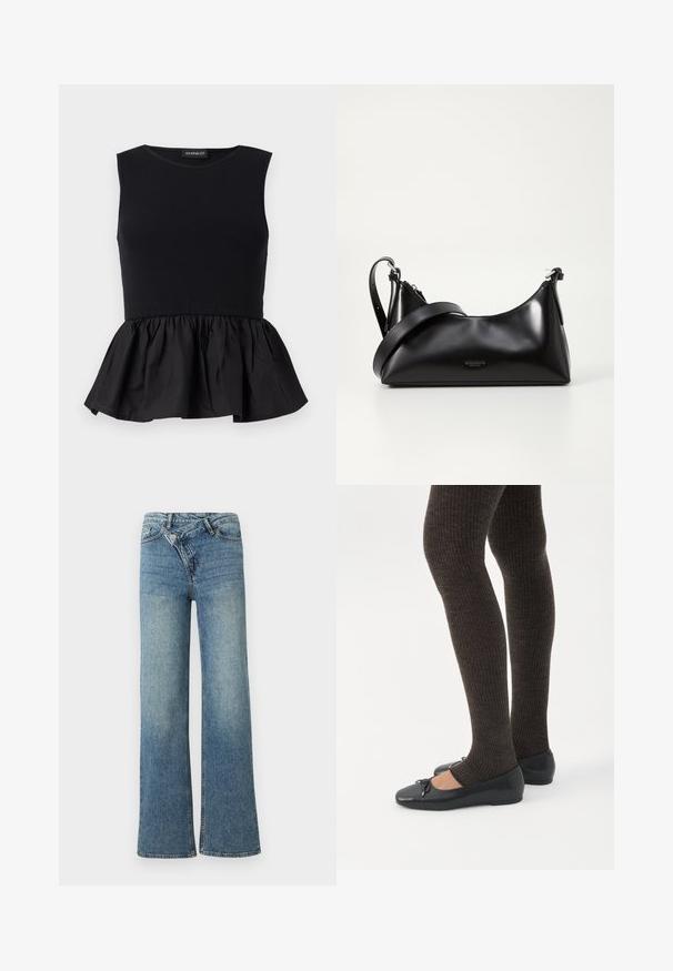 Top negro sin mangas con sección superior acanalada y un fondo de peplum acampanado y recogido. Textura suave con un color sólido en toda su extensión.; Vaqueros de mezclilla azul claro de pierna ancha con cintura alta, decoloración ligera y cierre de botón en la parte delantera. Cuenta con cinco bolsillos y costuras mínimas.; Piernas con leggings oscuros acanalados combinados con bailarinas negras que presentan pequeños detalles de lazo sobre un fondo blanco.; Bolso de mano de cuero negro con una textura suave. Cuenta con una correa ajustable y un diseño elegante y minimalista con cierre de cremallera.