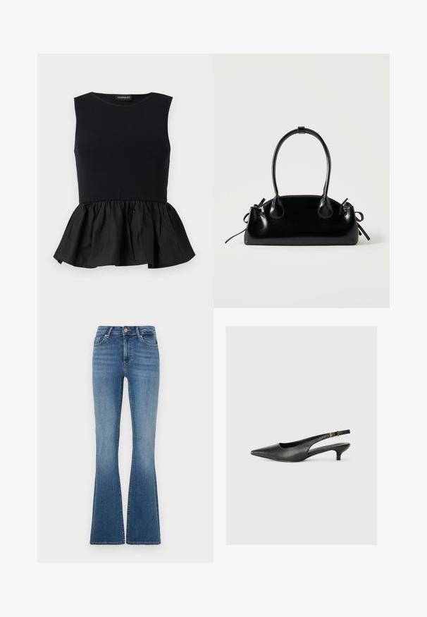 Sort ærmeløs top med ribbet øverste del og en svingende, draperet peplum-bund. Glat tekstur med en ensfarvet overflade.; ONLY Flared fit ONLBLUSH Mid waist - Flared jeans - medium blue denim; Sorte spidse slingback-sko lavet af glat læder. Har en tynd hæl og en spænde detalje på den justerbare rem.; Lille sort blank håndtaske med to lange håndtag og snøre-detaljer i siden på en ensfarvet lys baggrund.