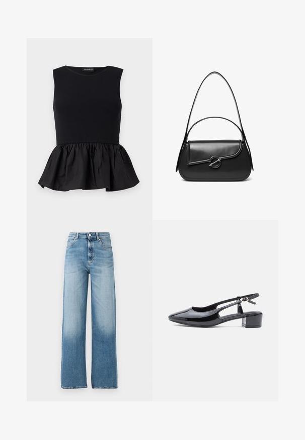 Top negro sin mangas con sección superior acanalada y un fondo de peplum acampanado y recogido. Textura suave con un color sólido en toda su extensión.; Vaqueros de cintura alta, de pierna ancha y color azul claro. Fabricados en denim, con cierre de botón y cinco bolsillos. Se desvanecen hacia la parte inferior.; Zapato de charol negro tipo slingback con puntera afilada, laterales descubiertos y un tacón bajo cuadrado. Presenta una correa para el tobillo con hebilla.; Bolso de hombro de cuero negro con una solapa curva asegurada por un broche metálico redondo y una correa delgada y ajustable.