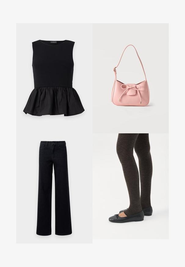 Top negro sin mangas con sección superior acanalada y un fondo de peplum acampanado y recogido. Textura suave con un color sólido en toda su extensión.; Jeans de denim negro de pierna ancha con una cintura alta, que cuentan con bolsillos estándar y cierre de botón. Textura suave con ligero estiramiento.; Piernas con leggings oscuros acanalados combinados con bailarinas negras que presentan pequeños detalles de lazo sobre un fondo blanco.; Bolso pequeño de hombro color rosa pastel con correa ajustable y detalle de lazo en el frente con extremos dorados sobre un fondo liso.
