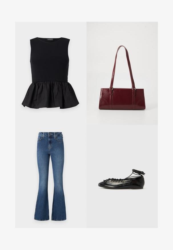 Sort ærmeløs top med ribbet øverste del og en svingende, draperet peplum-bund. Glat tekstur med en ensfarvet overflade.; Blå flared denimjeans med høj talje, der har et standard design med fem lommer og knaplukning. Blød tekstur med lettonede detaljer.; Sorte balletflade sko i laklæder med rundet tå, snørelukning og flad sål. Glat tekstur med få detaljer.; Bordeaux håndtaske lavet af glansfuldt materiale, rektangulær form, med to skulderremme og subtile buede detaljer på forsiden.