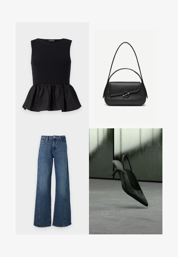 Top negro sin mangas con sección superior acanalada y un fondo de peplum acampanado y recogido. Textura suave con un color sólido en toda su extensión.; Vaqueros de pierna ancha en denim azul oscuro. Presentan detalles de tachuelas plateadas en la zona del bolsillo delantero, diseño clásico de cinco bolsillos y cierre de botones.; Zapato de tacón alto con punta puntiaguda y talón destalonado de cuero negro flotando sobre un suelo alfombrado gris, fondo de pared verdosa borrosa.; Bolso de cuero negro con bordes redondeados, solapa asimétrica, cierre circular de metal y correas de hombro cortas y largas.