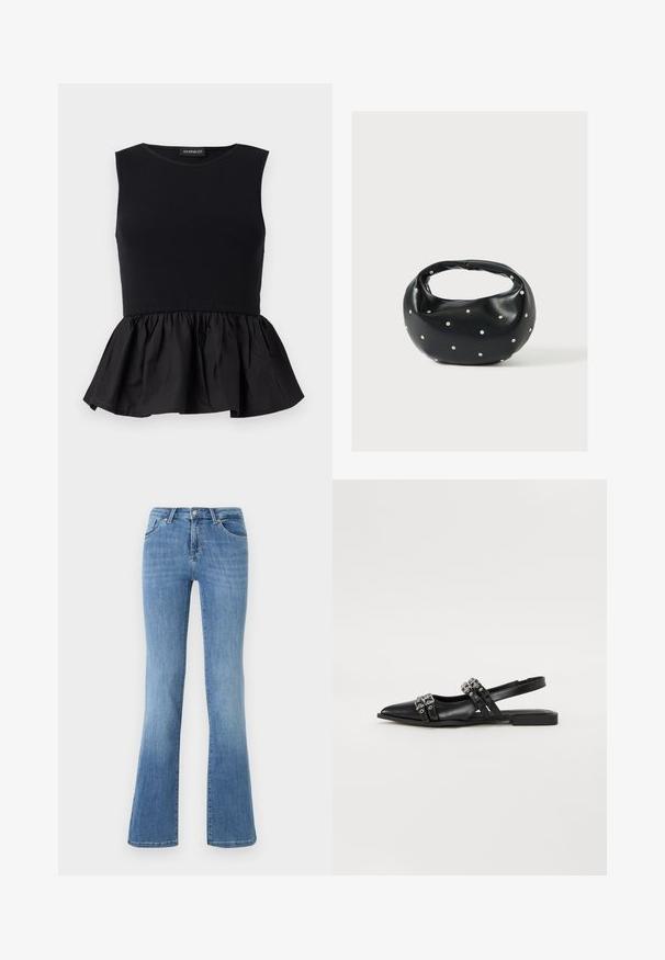 Sort ærmeløs top med ribbet øverste del og en svingende, draperet peplum-bund. Glat tekstur med en ensfarvet overflade.; Lysblå flagrende jeans lavet af denim, med fem lommer, frontlynlås og knaplukning. Afbleget mønster på lårene og kanten.; Even&Odd Slingback-ballerinasko - black; Sort læderhåndtaske med en rundet form, dekoreret med sølvnitter, og et kort håndtag. Glat tekstur og lynlåslukning.