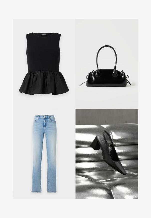 Top negro sin mangas con sección superior acanalada y un fondo de peplum acampanado y recogido. Textura suave con un color sólido en toda su extensión.; Jeans de mezclilla azul claro con cintura alta, corte recto y un ligero desgastado. Presenta cinco bolsillos y pasadores para cinturón.; Tacón destalonado negro con punta en forma de pico, con superficie texturizada y tacón ancho y grueso. Colocado sobre un fondo metálico brillante.; Pequeño bolso negro brillante con dos asas largas y detalles de cordón lateral sobre un fondo claro liso.
