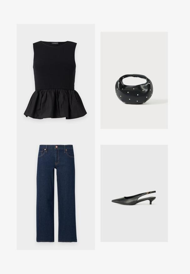 Schwarzes ärmelloses Oberteil mit geripptem oberen Abschnitt und einem ausgestellten, gerafften Peplum-Boden. Glatte Textur in durchgehend einfarbigem Design.; Dunkelblaue Jeans mit geradem Bein, vorderer Knopfleiste und Reißverschluss, fünf Taschen und sichtbaren orangen Nähten auf grauem Hintergrund.; Schwarzer Slingback-Schuh mit spitzem Zehenbereich aus glattem Leder. Mit einem dünnen Absatz und einer dekorativen Schnalle am verstellbaren Riemen.; Schwarze Lederhandtasche mit abgerundeter Form, verziert mit silbernen Nietenakzenten und kurzem Griff. Glatte Struktur und Reißverschlussverschluss.