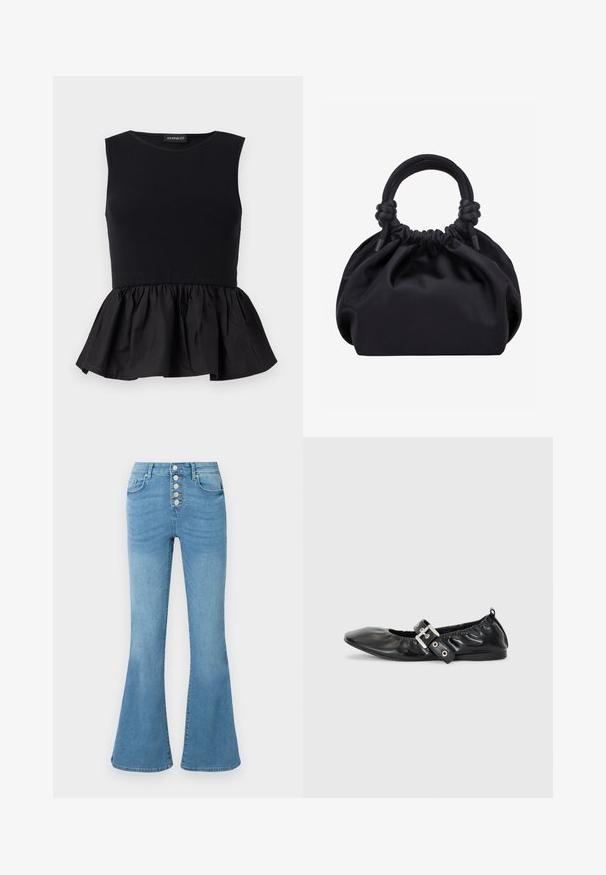 Schwarzes ärmelloses Oberteil mit geripptem oberen Abschnitt und einem ausgestellten, gerafften Peplum-Boden. Glatte Textur in durchgehend einfarbigem Design.; Hellblaue, ausgestellte Jeans aus Denim mit hoher Taille, Fünf-Knopf-Verschluss und dezentem Verblassen an der Vorderseite für Textur.; Schwarze Leder-Ballerinas mit spitzem Zehenbereich, gerafften Details am Schaft und einem silbernen Schnallenakzent am verstellbaren Riemen.; Schwarze weiche Stoffhandtasche mit gerafftem oberen Teil und abgerundeten, am Ansatz verknoteten Griffen, vor einem schlichten hellen Hintergrund.