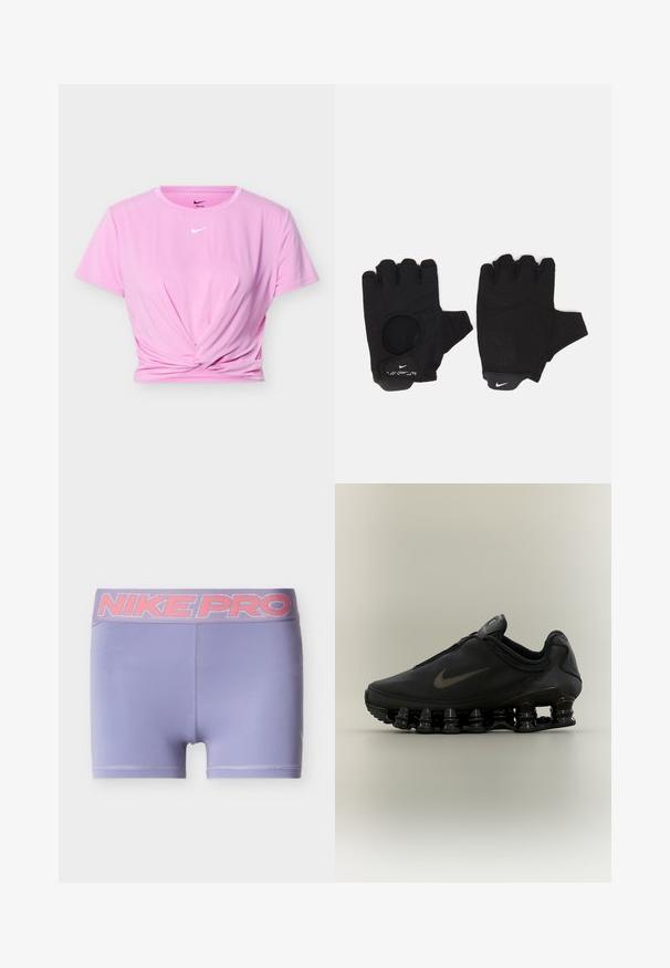 Ροζ κοντομάνικο crop top της Nike με κομψή λεπτομέρεια στροβιλισμού στο μπροστινό μέρος και λευκό λογότυπο Nike Swoosh στο κέντρο κάτω από το λαιμόκοψη.; Μωβ αθλητικές σορτς με φαρδιά ελαστική ζώνη μέσης Nike Pro σε ροζ χρώμα. Λείο, ελαφρύ ύφασμα με εφαρμοστή σχεδίαση και χωρίς διακριτές υφές.; Μαύρο αθλητικό παπούτσι Nike με φερμουάρ στο πάνω μέρος και χαρακτηριστική σόλα με τμηματικές ελαστικές άνοιξη, παρουσιάζεται σε πλάγια όψη πάνω σε ουδέτερο φόντο.; Μαύρα γάντια χωρίς δάχτυλα με υφή. Φτιαγμένα από αναπνεύσιμο υλικό, με τρύπα για τον αντίχειρα και ενισχυμένη παλάμη για καλύτερη λαβή.
