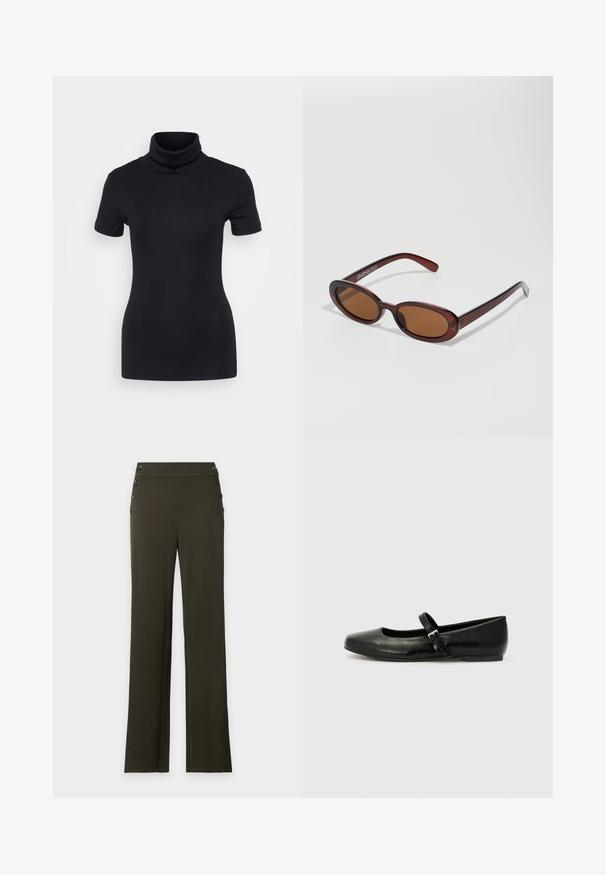 Top de cuello alto negro con acanalado, de manga corta, diseño ajustado, textura suave, costuras mínimas y un cuello alto.; Pantalón verde oscuro de cintura alta y corte recto, con botones negros a ambos lados de la cinturilla.; Bailarinas de cuero negro con punta redondeada, suela plana y una delgada correa ajustable en el empeine que cuenta con una hebilla de metal.; Gafas de sol redondas con tinte marrón y un marco burdeos brillante. Patillas delgadas con un sutil detalle de marca. Diseño de lentes planos.