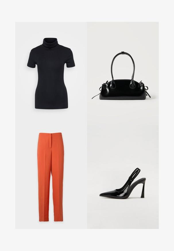 Sorte ribbede turtleneck top, korte ærmer, tætsiddende design, blød tekstur, minimale sømme og en høj krave.; Orange bukser med lige ben, høj talje og syning foran, skjult lukning foran, vist mod hvid baggrund.; Sorte patenterede lædersædler med spidse tæer, slank høj hæl og dobbelt elastisk rem for sikker pasform. Glat, skinnende overflade.; Lille sort blank håndtaske med to lange håndtag og snøre-detaljer i siden på en ensfarvet lys baggrund.