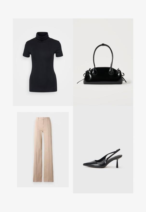 Sorte ribbede turtleneck top, korte ærmer, tætsiddende design, blød tekstur, minimale sømme og en høj krave.; Beige viddebukser med højtaljet snit, forsynede med fremadrettede syninger, bæltestropper og lynlås foran på en ensfarvet baggrund.; Sort læderslagback højhælet sko med spids tå og slank hæl på en hvid baggrund.; Lille sort blank håndtaske med to lange håndtag og snøre-detaljer i siden på en ensfarvet lys baggrund.
