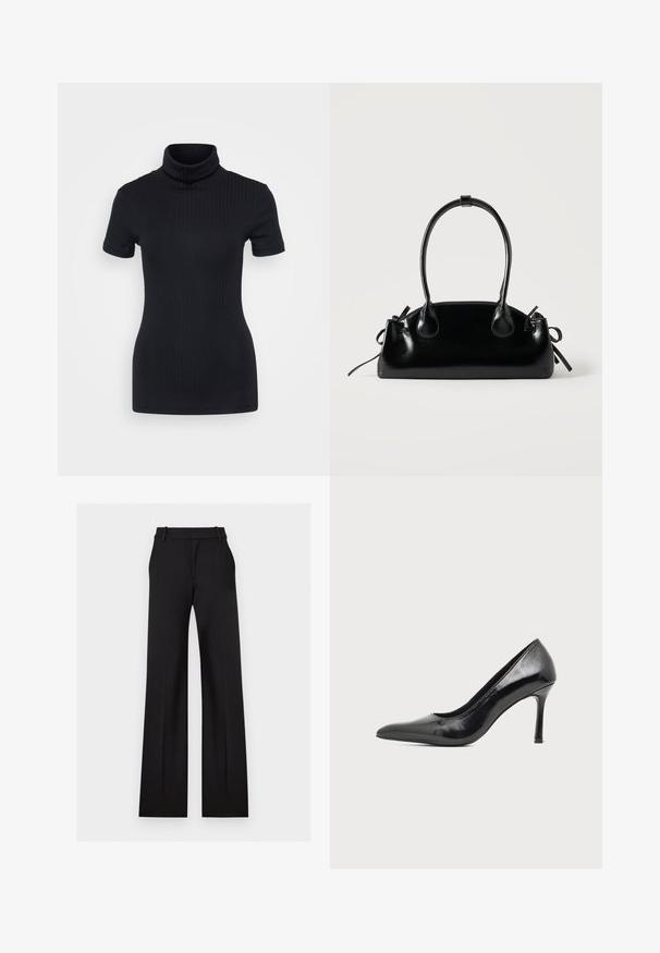 Top de cuello alto negro con acanalado, de manga corta, diseño ajustado, textura suave, costuras mínimas y un cuello alto.; Pantalones negros de talle alto, corte amplio, confeccionados a medida, con trabillas para cinturón y bolsillos delanteros sobre un fondo liso y claro.; Zapato de tacón alto de mujer en piel negra patentada, con punta puntiaguda y tacón delgado, sobre un fondo claro y liso.; Pequeño bolso negro brillante con dos asas largas y detalles de cordón lateral sobre un fondo claro liso.