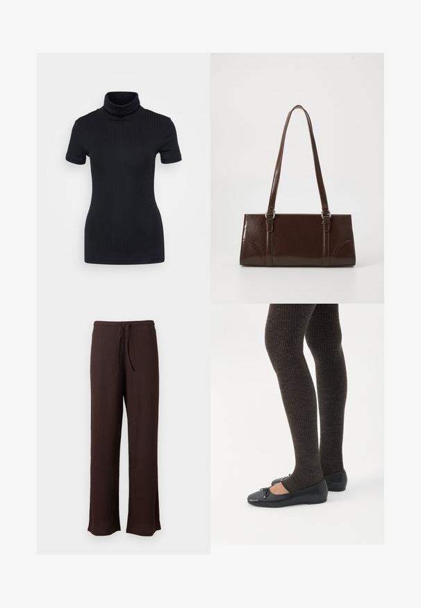 Zwart geribbelde coltrui, korte mouwen, slank ontwerp, zachte textuur, minimale naden en een hoge kraag.; Donkerbruine, textuurrijke wijde broek met elastische tailleband en trekkoord, afgebeeld tegen een effen lichte achtergrond.; Benen met donkere geribbelde leggings gecombineerd met zwarte ballerina's met kleine strikdetails op een witte achtergrond.; Bruine lakleren handtas met een rechthoekige vorm, twee lange handvatten en subtiele gebogen accenten aan de voorkant.
