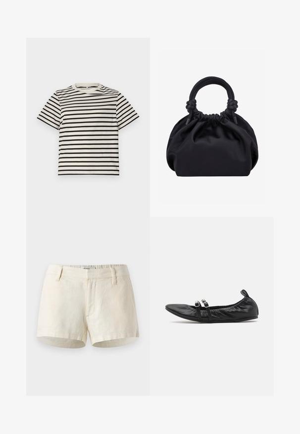 T-shirt à rayures avec un col rond, fabriqué en coton léger, présentant des rayures noires et crème uniformément espacées, des manches courtes et une coupe décontractée.; Shorts beige clair en lin. Dotés d'une taille plate, de poches avant et d'un ourlet net. Design simple et minimal.; Ballerines noires en cuir lisse, avec un bout pointu, un bord froncé et deux attaches décoratives avec des accents circulaires.; Sac à main en tissu noir doux avec haut froncé et poignées circulaires rembourrées nouées de chaque côté.