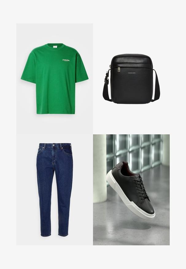 Grünes Baumwoll-T-Shirt mit lockerer Passform, kurzen Ärmeln und rundem Halsausschnitt. Auf der Vorderseite befindet sich ein kleines weißes Logo.; Dunkelblaue Jeans mit geradem Bein, vorderer Knopf- und Reißverschluss, Gürtelschlaufen sowie Vorder- und Gesäßtaschen.; Schwarzer Ledersneaker mit weißer, dicker Sohle und schwarzen Schnürsenkeln, schwebt über einem grauen Betonboden in der Nähe einer Glasbausteinwand.; Schwarze Calvin Klein Umhängetasche mit verstellbarem Riemen, Frontreißverschlusstasche und dezentem Logo auf genarbter Lederoberfläche.