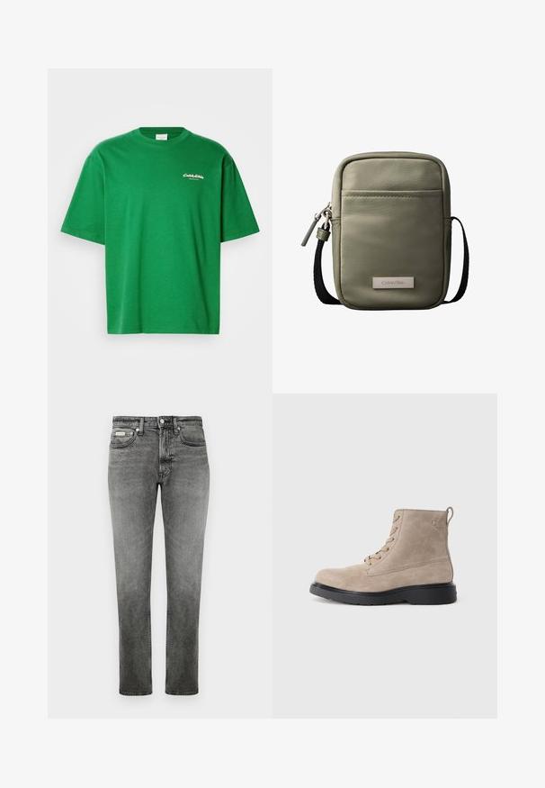 Grünes Baumwoll-T-Shirt mit lockerer Passform, kurzen Ärmeln und rundem Halsausschnitt. Auf der Vorderseite befindet sich ein kleines weißes Logo.; Graue gerade geschnittene Jeans aus Denim mit Vordertaschen, Gürtelschlaufen, Knopfverschluss und dezenten Ausbleichungen.; Beige Wildleder-Ankle Boots mit schwarzer Gummisohle, Schnürdesign und kleinem, seitlich eingeprägtem Logo, ausgestattet mit einer Zuglasche am Hinterkopf.; Kompakte olivgrüne Umhängetasche mit Vordertasche, schwarzem verstellbarem Riemen, Reißverschluss und Calvin Klein Logo-Plakette.