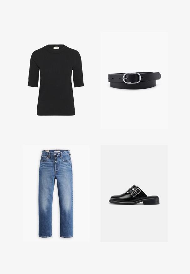 Zwarte korte mouwen gebreide top met een ribbel structuur en een ronde hals. Heeft een aansluitende snit en subtiele stikdetails.; Blauwe denim jeans met een hoge taille, rechte pijpen en vervaagde delen. Voorzien van voorzakken en metalen details.; Zwarte leren instapschoen met twee zilveren gespen, open zijkanten, ronde neus en lage gestapelde hak, zijaanzicht op witte achtergrond.; Zwarte leren riem met een gladde textuur, ovaal zilveren metalen gespsluiting en meerdere verstelgaten langs de band. Platte, minimalistische uitstraling.