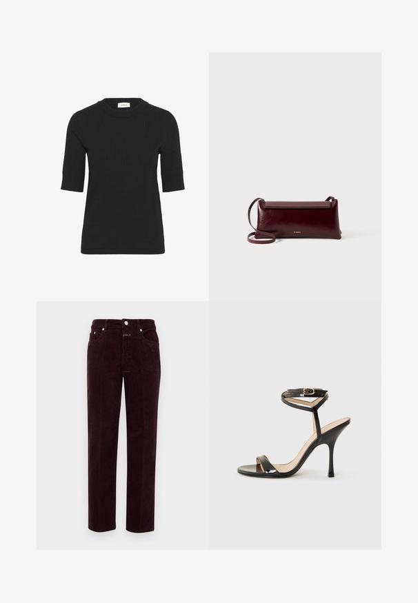 Top de punto negro de manga corta con textura acanalada y cuello redondo. Presenta una silueta ajustada y sutiles detalles de costura.; Pantalones de pana burdeos con corte recto, que cuentan con bolsillos frontales y herrajes metálicos plateados. La tela tiene una textura acanalada.; Sandalia de tacón alto de charol negro con tira delgada en el tobillo y hebilla, punta abierta y tacón aguja esbelto sobre fondo blanco.; Bolso bandolera de cuero burdeos con textura suave, forma rectangular, cierre de solapa y una correa delgada y ajustable. Detalle del logo en dorado visible.